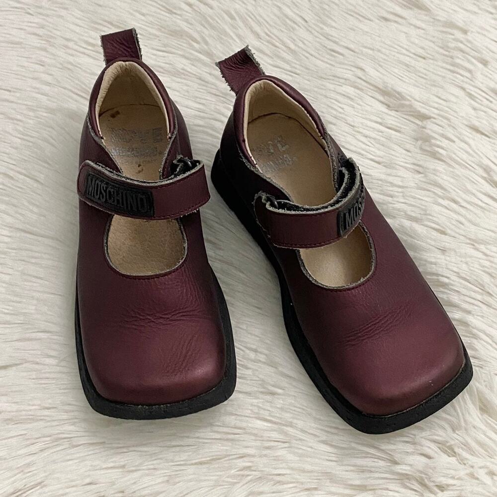 Love Moschino Burgundy Girls Sz 4 Mary Jane Leather Rubber Logo Shoes - Picture 13 of 13